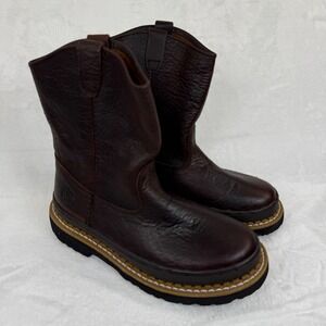 Georgia Boot Wellington Dark Brown Tumbled Leather Pull On Work Boots Kids Sz 4